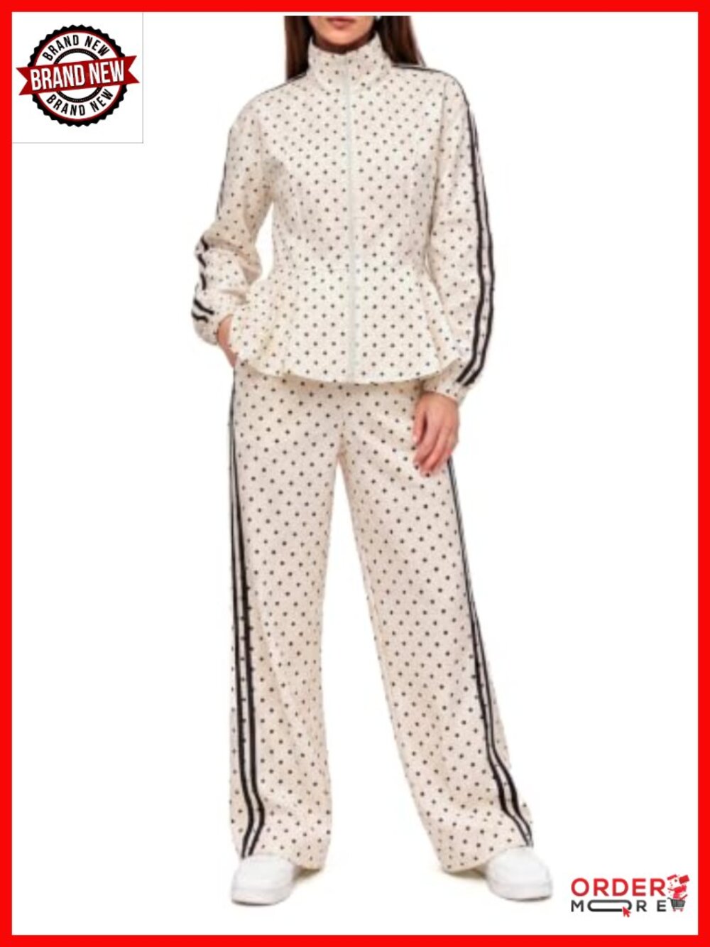 Women 2 Piece Outfit Polka Dot Ruffle Zip Jacket Wide Leg Pants Set